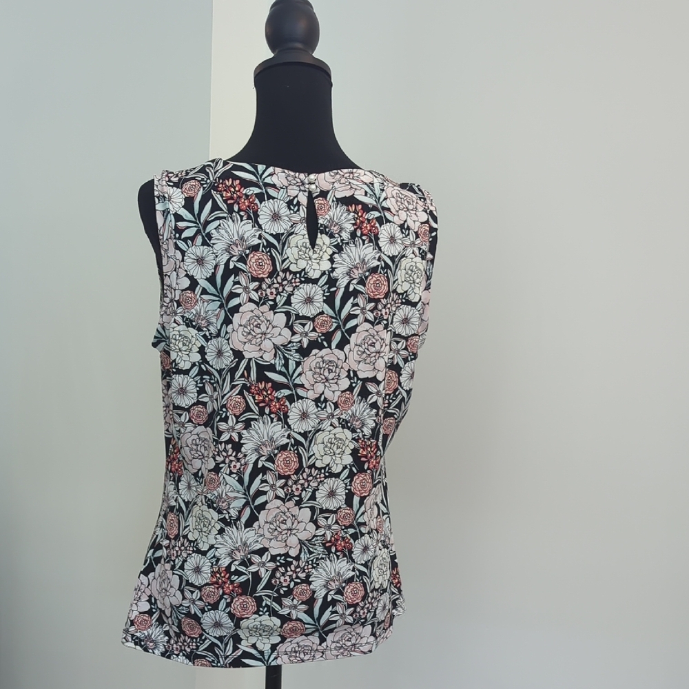 Karl Lagerfeld Paris Sleeveless Floral Blouse Pleated High Neck Black Pink LARGE - Picture 6 of 8